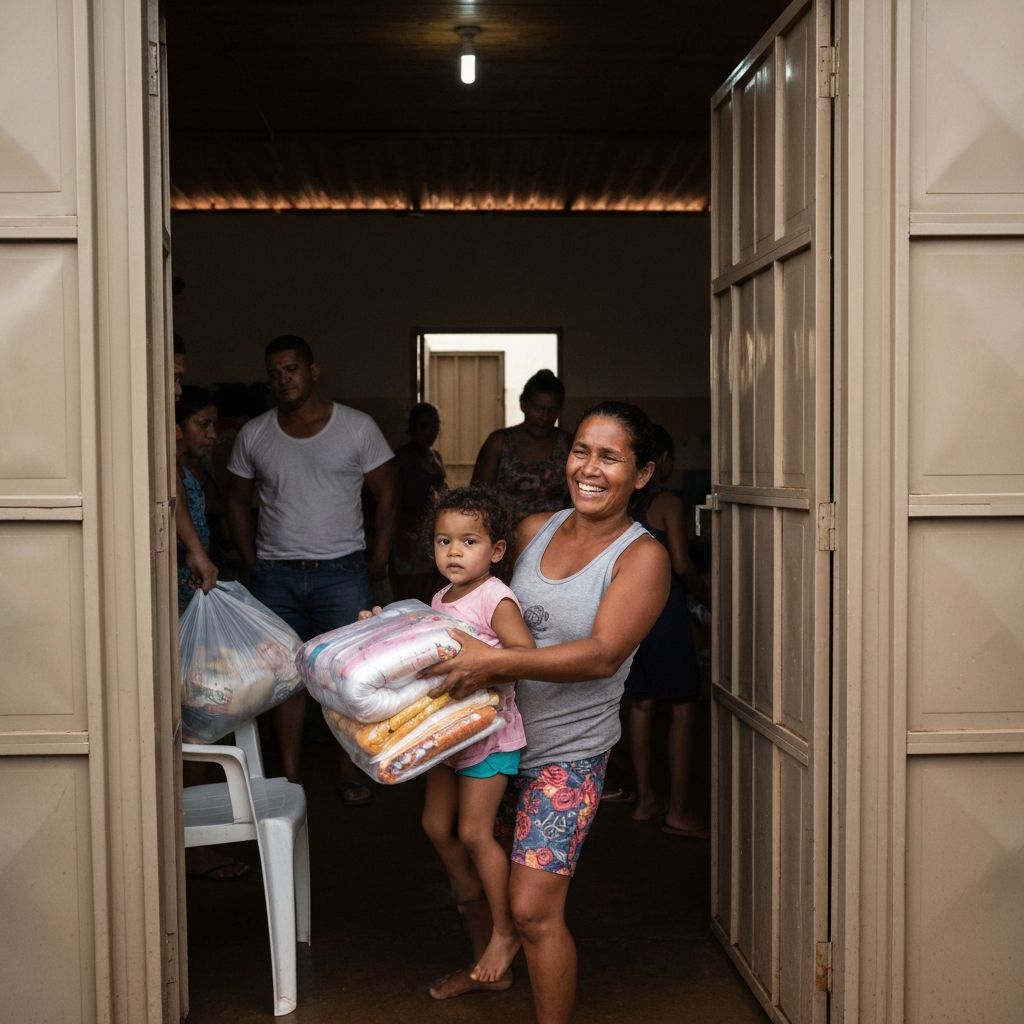 Familia recebendo ajuda humanitaria