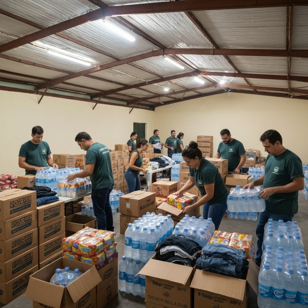 Voluntarios organizando doacoes